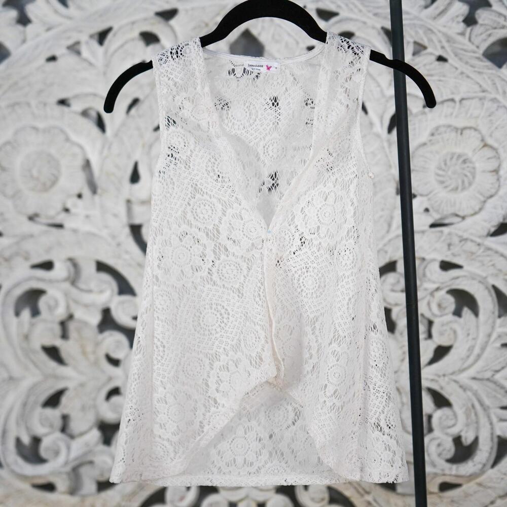 Girls Beautees White Lace Open Front Vest Size 6 Floral Crochet